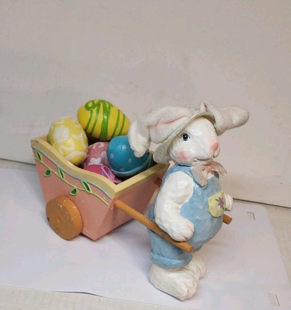 Kurt Adler Style Farm House Bunny Rabbit White Cloth Ears Wood Cart Easter Egg